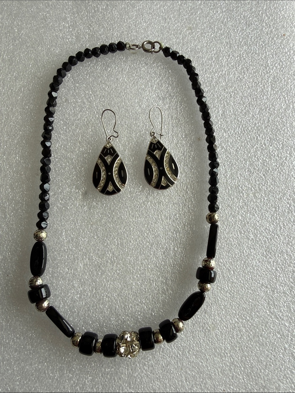 Black Faceted Bead Necklace & Matching Teardrop Earrings Set | Art Deco Rhinesto